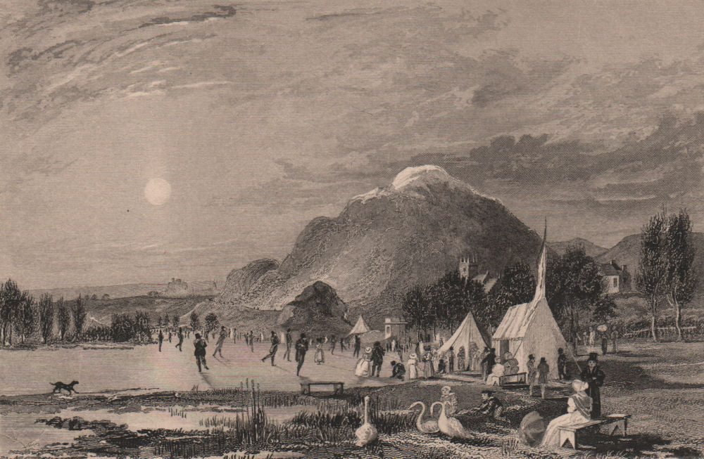Arthur's Seat & ice skating on Duddingston Loch, Edinburgh. Scotland 1845